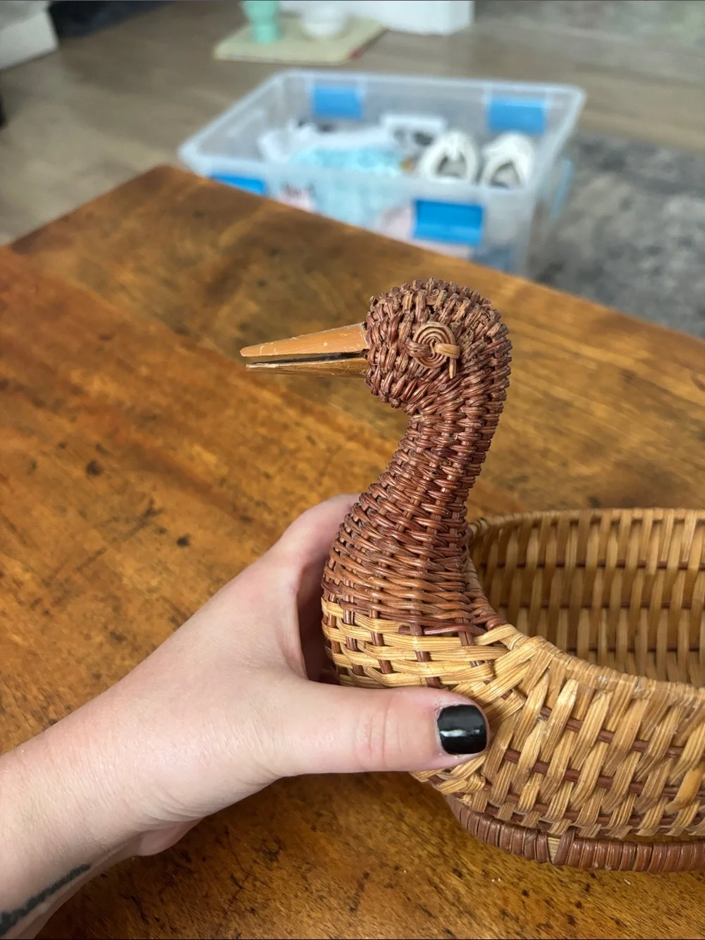 Vintage Mid Century Modern Quirky Handwoven Duck Small Decorative Basket